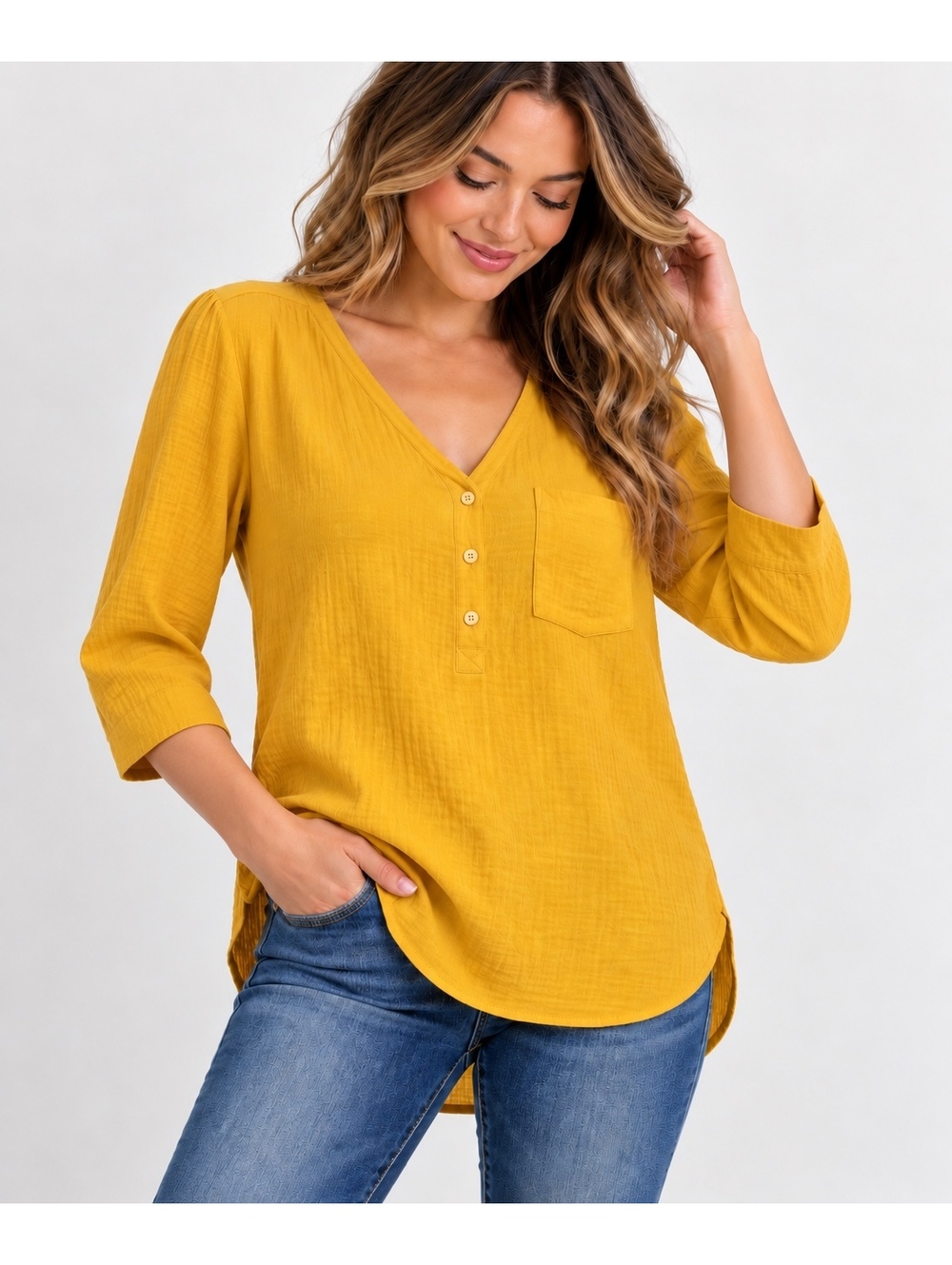 Fred David Women’s Mustard Yellow Blouse Size M V-Neck Sleeve Pocket Fall Boho